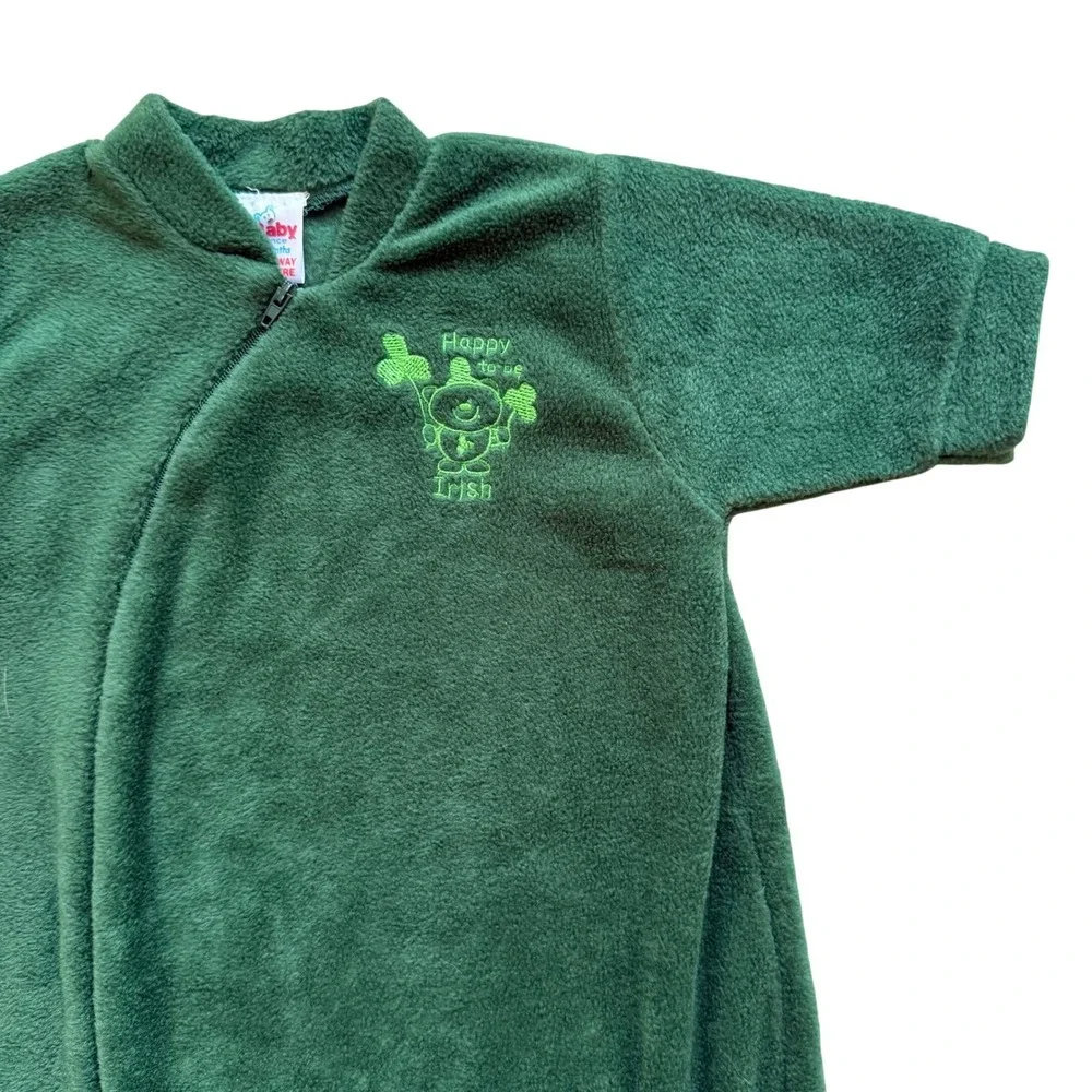 Vintage 80s Baby Fleece sleeper St Patricks Day Irish Clover‎ Green 0-3M